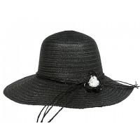 Straw Wide Brim Hats – 12 PCS w/ Flower - Black - HT-H2271BK